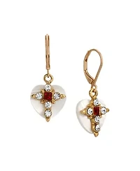 Gold Tone MOP Heart Red Crystal Cross Leverback Earrings
