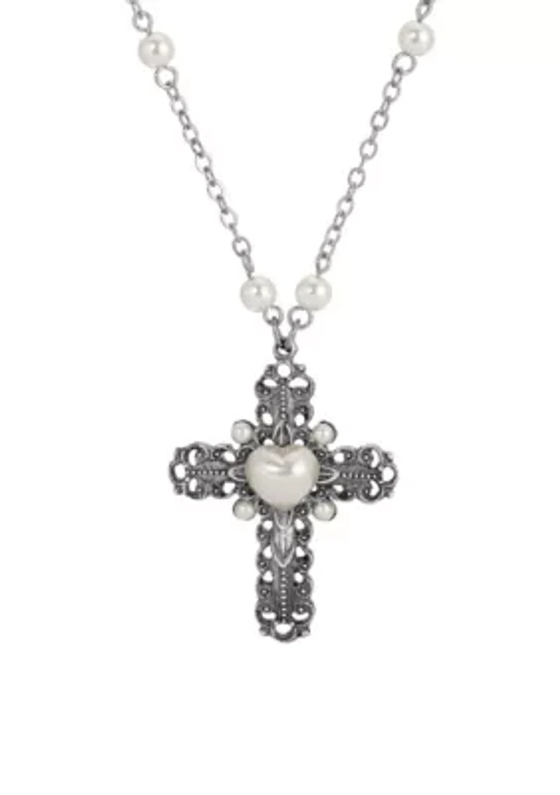 Cross Heart Faux Pearl Necklace 24"