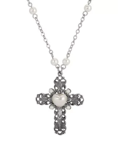 Cross Heart Faux Pearl Necklace 24"