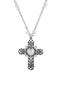 Cross Heart Faux Pearl Necklace 24"