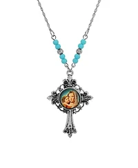 Silver Tone Cross Mary & Child Decal Necklace 18"