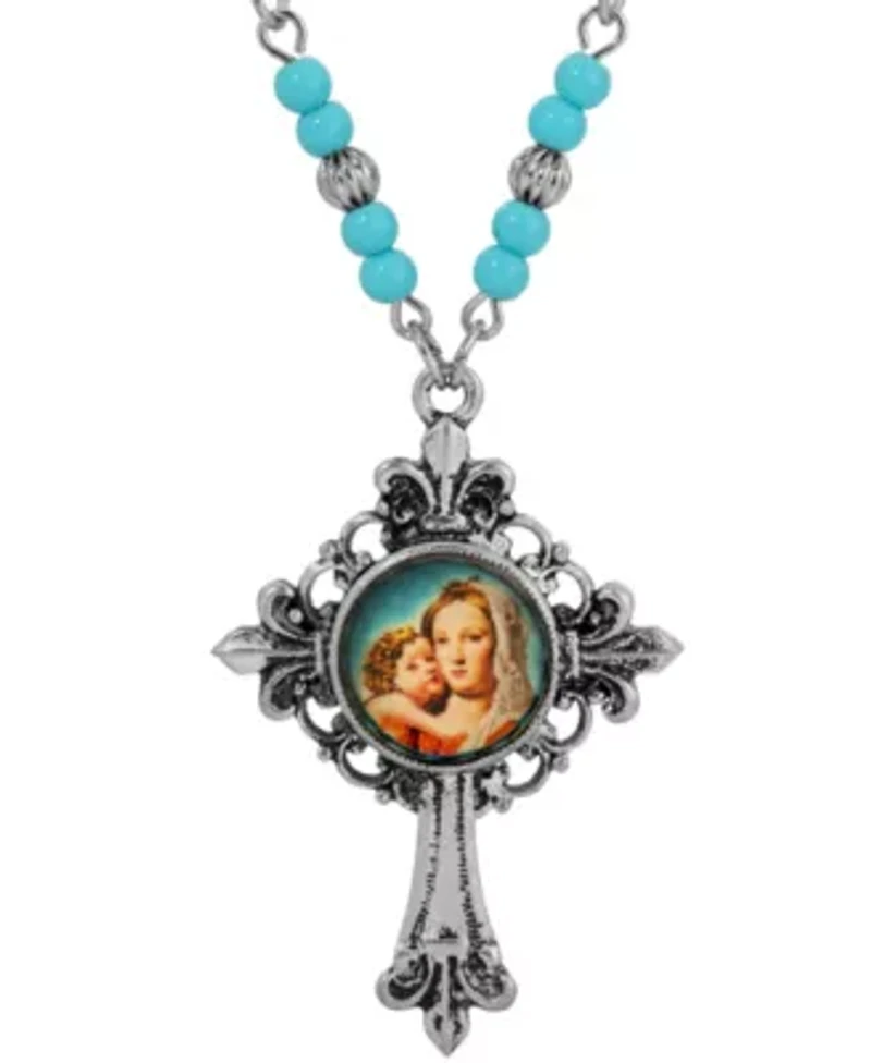 Silver Tone Cross Mary & Child Decal Necklace 18"