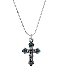 Silver Tone Crucifix Blue Crystal Necklace 16"