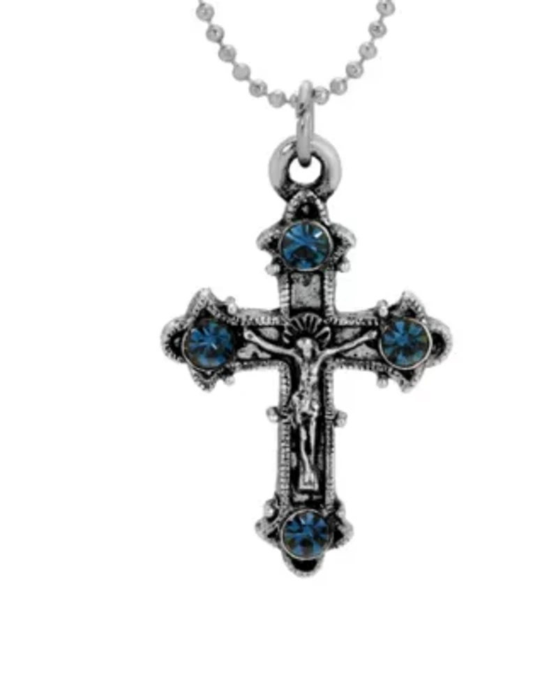 Silver Tone Crucifix Blue Crystal Necklace 16"