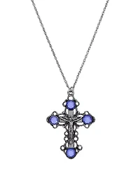 Pewter Blue Crystal Cross Necklace 18"