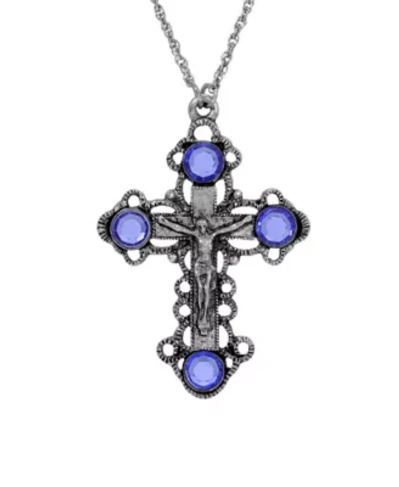 Pewter Blue Crystal Cross Necklace 18"