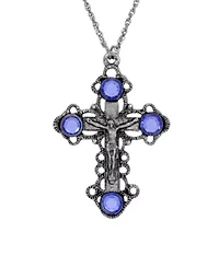 Pewter Blue Crystal Cross Necklace 18"