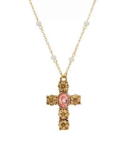 Gold Tone Cross Pink Oval Stone Faux Pearl Necklace 28"