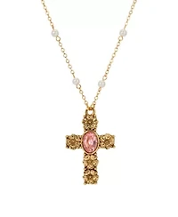 Gold Tone Cross Pink Oval Stone Faux Pearl Necklace 28"