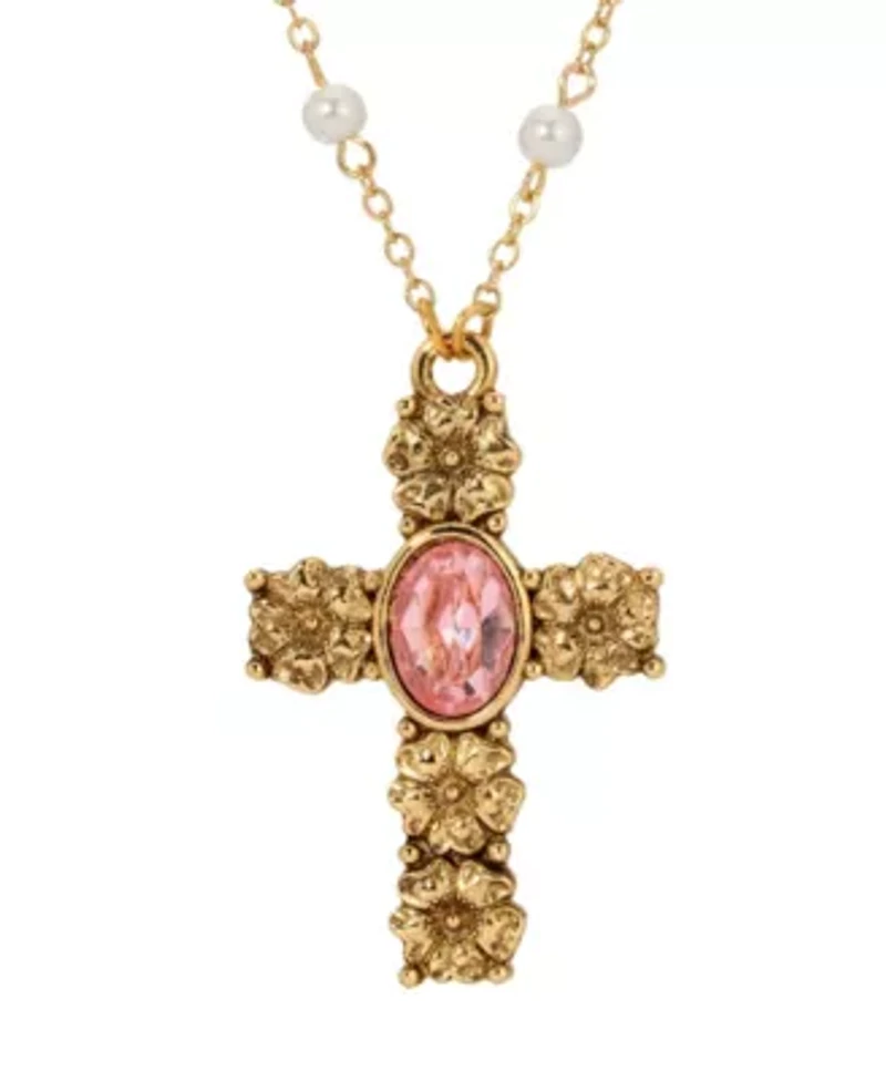 Gold Tone Cross Pink Oval Stone Faux Pearl Necklace 28"