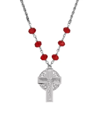Silver Tone Crucifix Red Bead Chain Necklace 16" Adj.