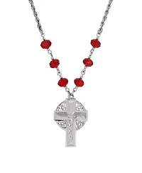 Silver Tone Crucifix Red Bead Chain Necklace 16" Adj.