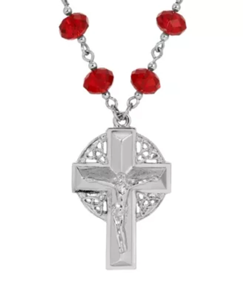 Silver Tone Crucifix Red Bead Chain Necklace 16" Adj.