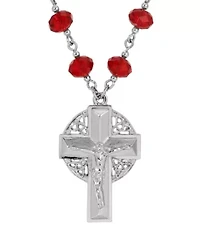 Silver Tone Crucifix Red Bead Chain Necklace 16" Adj.