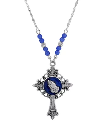 Silver Tone Cross Blue Enamel Praying Hands Necklace 18"