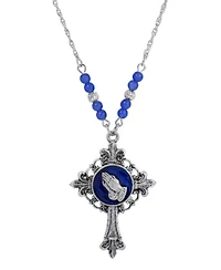 Silver Tone Cross Blue Enamel Praying Hands Necklace 18"