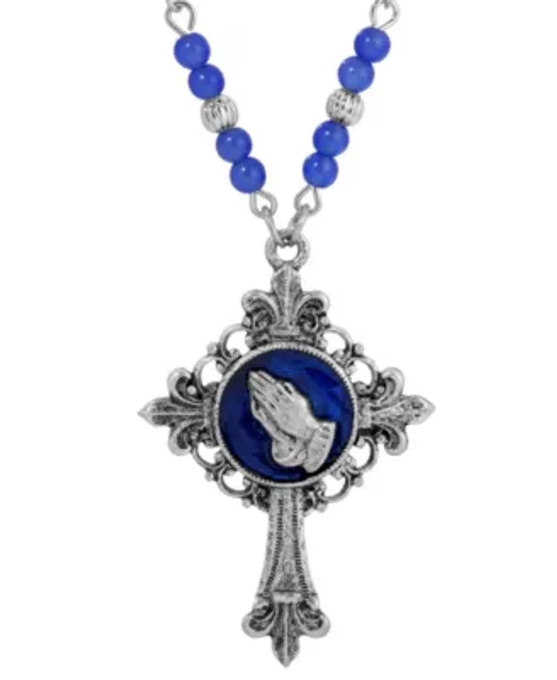 Silver Tone Cross Blue Enamel Praying Hands Necklace 18"