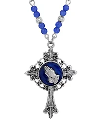 Silver Tone Cross Blue Enamel Praying Hands Necklace 18"