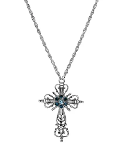Silver Tone Cross With Blue Crystal Necklace 30"