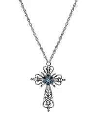 Silver Tone Cross With Blue Crystal Necklace 30"