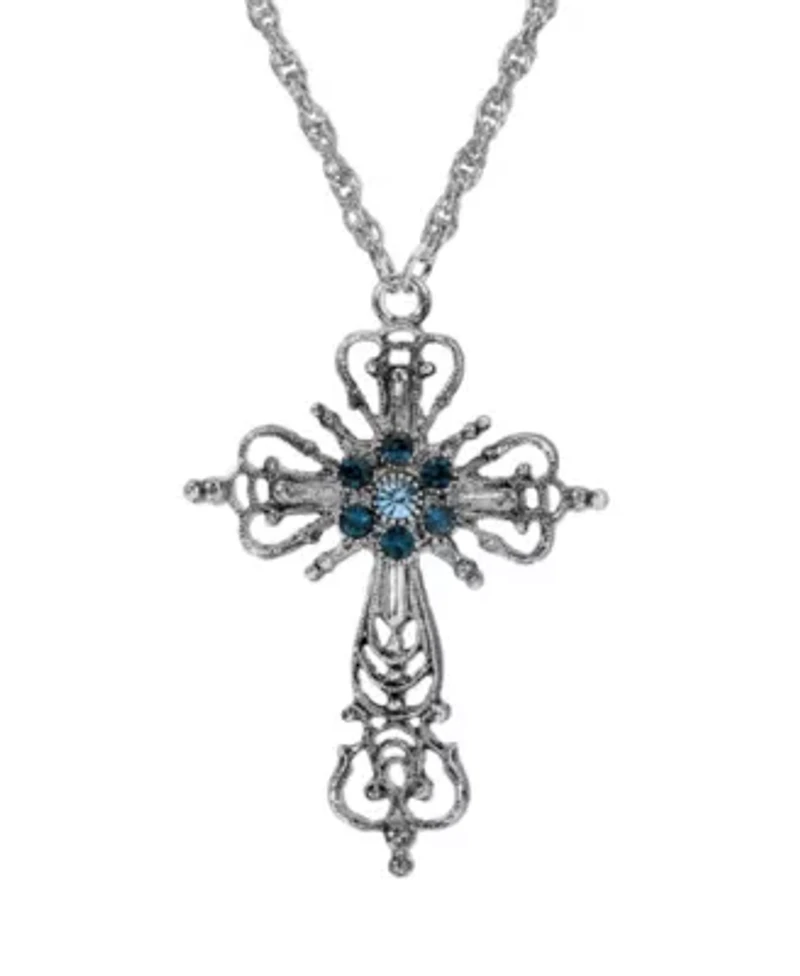 Silver Tone Cross With Blue Crystal Necklace 30"