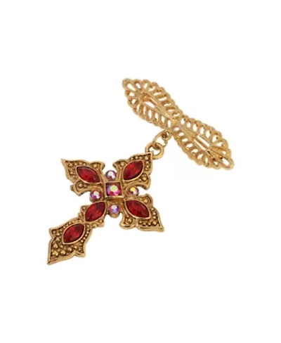 Gold Tone Red Crystal Cross Pin