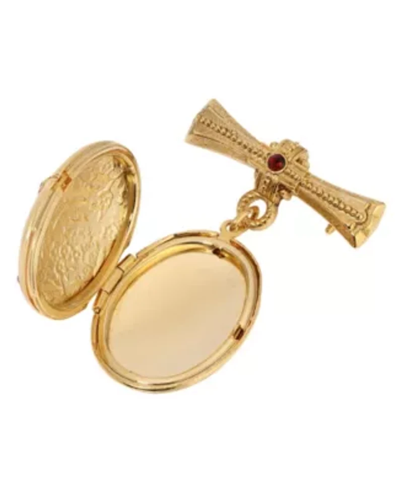 Gold Tone Garnet Cross Locket Pin