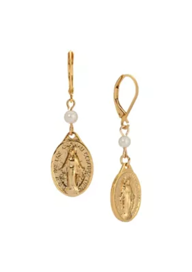 Gold Tone Oval Miraculous Medal Charm & Pearl Bead Earrings