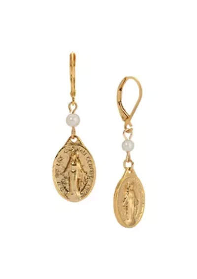 Gold Tone Oval Miraculous Medal Charm & Pearl Bead Earrings