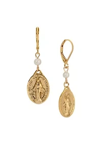 Gold Tone Oval Miraculous Medal Charm & Pearl Bead Earrings