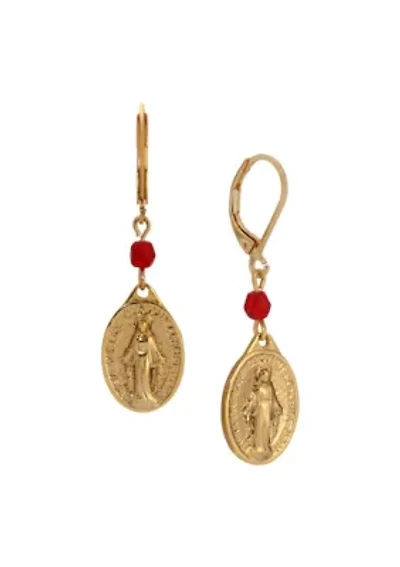 Gold Tone Oval Miraculous Medal Charm & Red Bead Earrings