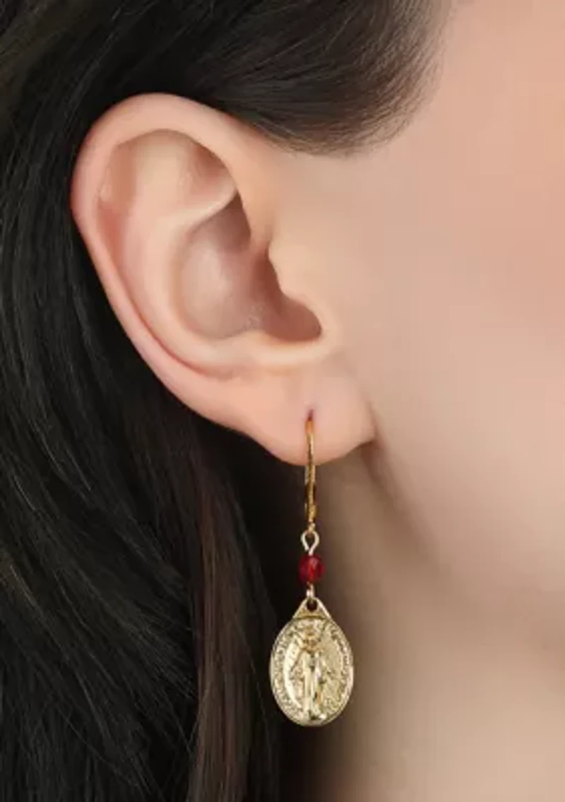 Gold Tone Oval Miraculous Medal Charm & Red Bead Earrings