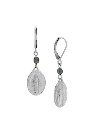 Silver Tone Oval Miraculous Medal Charm & Blue Bead Earrings