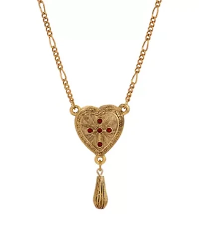 Gold Tone Heart Red Crystal Cross Bead Drop Necklace 18"