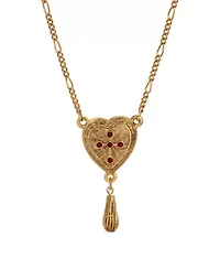 Gold Tone Heart Red Crystal Cross Bead Drop Necklace 18"