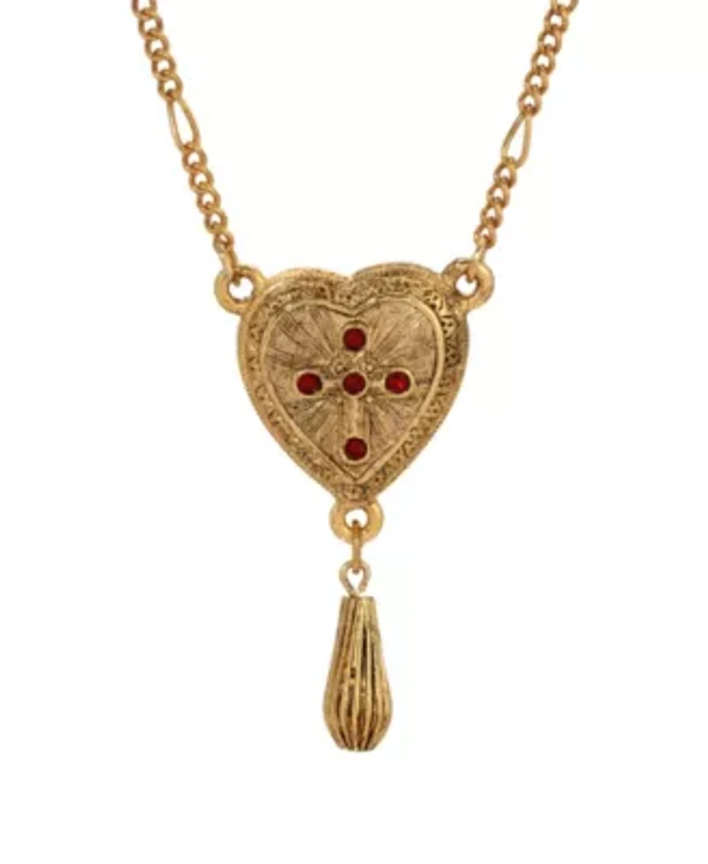 Gold Tone Heart Red Crystal Cross Bead Drop Necklace 18"