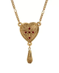 Gold Tone Heart Red Crystal Cross Bead Drop Necklace 18"