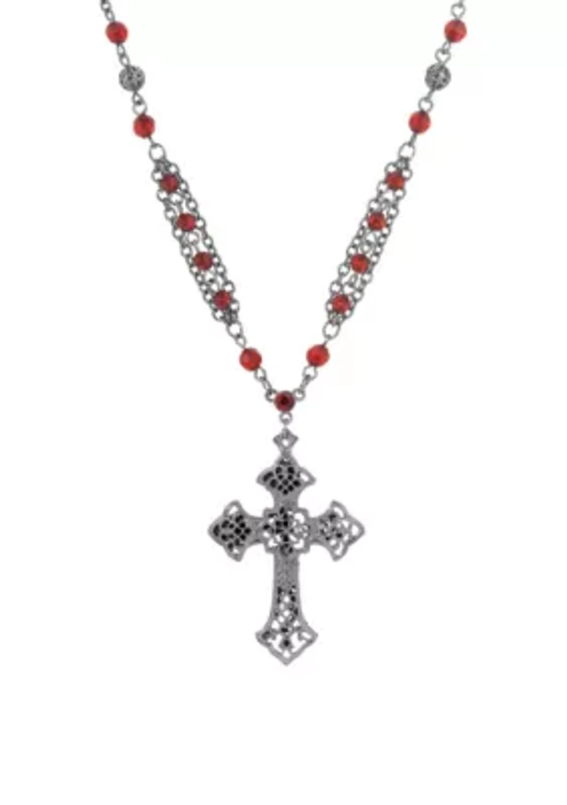 Black Tone Gothic Cross Red Beaded 16+3 Chain Necklace