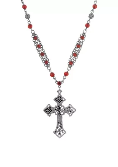 Black Tone Gothic Cross Red Beaded 16+3 Chain Necklace