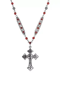 Black Tone Gothic Cross Red Beaded 16+3 Chain Necklace