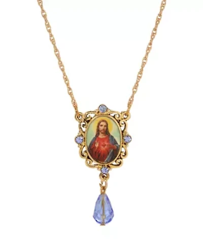 Gold Tone Oval Jesus Decal Pendant Blue Bead Necklace 18"