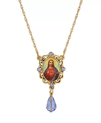 Gold Tone Oval Jesus Decal Pendant Blue Bead Necklace 18"