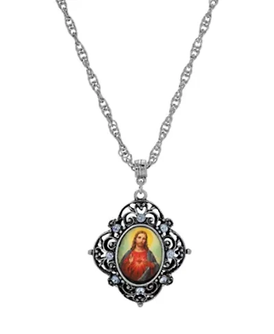 Silver Tone Oval Jesus Decal Pendant Necklace 18"