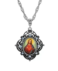 Silver Tone Oval Jesus Decal Pendant Necklace 18"
