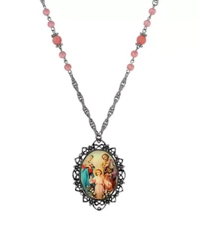 Silver Tone Oval Holy Family Decal Necklace 26"