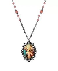Silver Tone Oval Holy Family Decal Necklace 26"