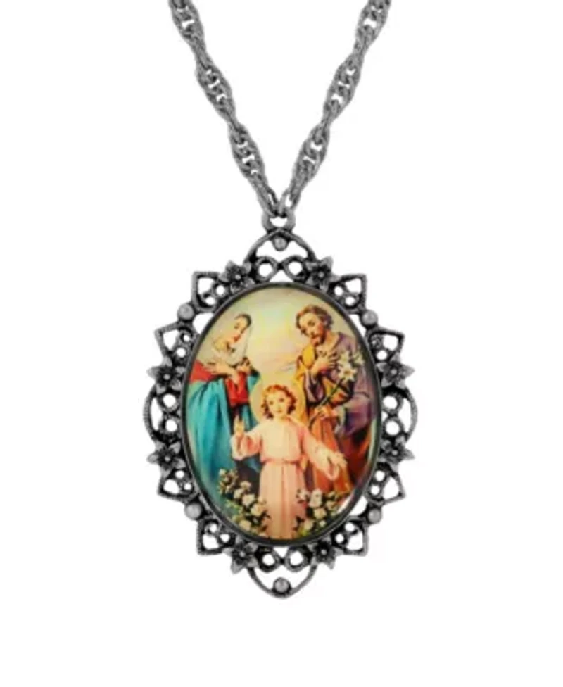 Silver Tone Oval Holy Family Decal Necklace 26"