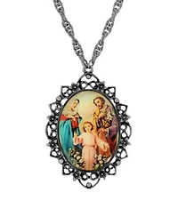 Silver Tone Oval Holy Family Decal Necklace 26"