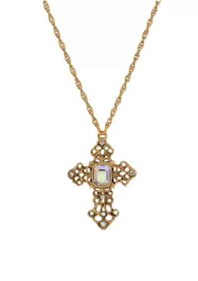Purple Stone Crystal Cross Necklace 24"
