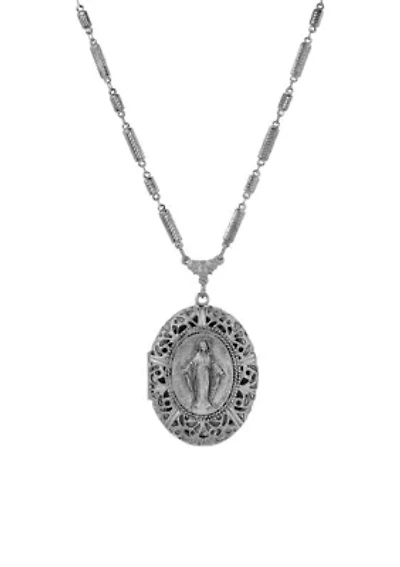 Silver Tone Oval Locket Necklace 28"